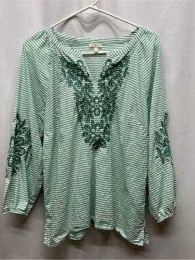 Talbots womens large boho shirt striped green embroidered floral cottagecore
